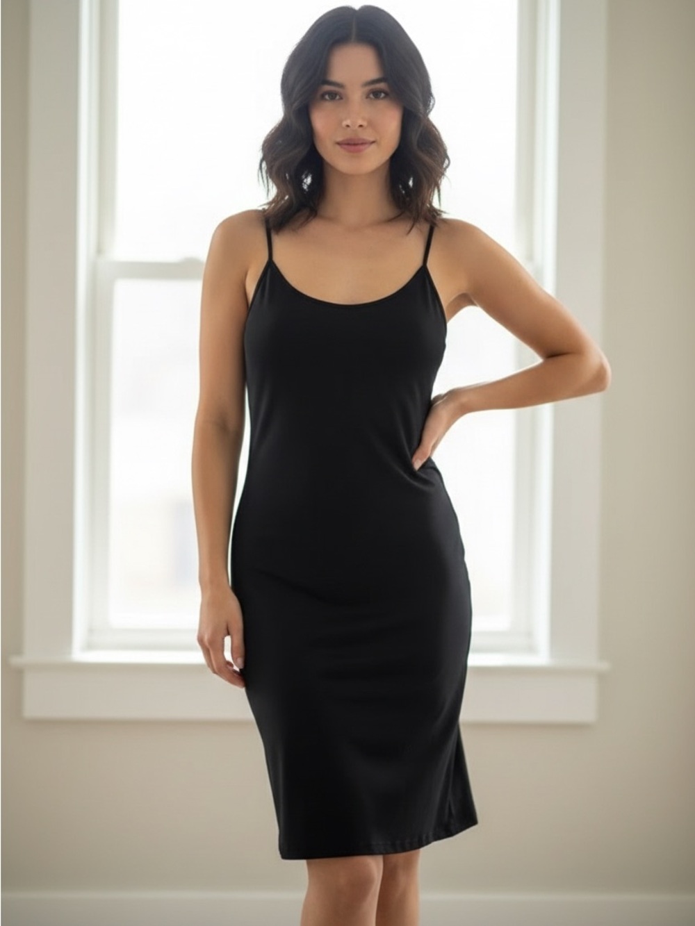 Women's Black Slip Dress with Spaghetti Straps